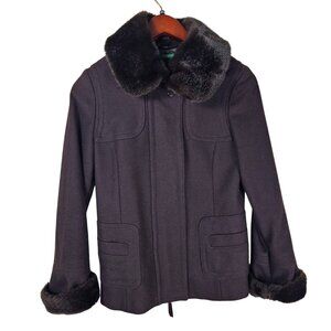 United Colors of Benetton Wool Full Zip Jacket 6 Brown Faux‎ Fur Collar & Cuffs